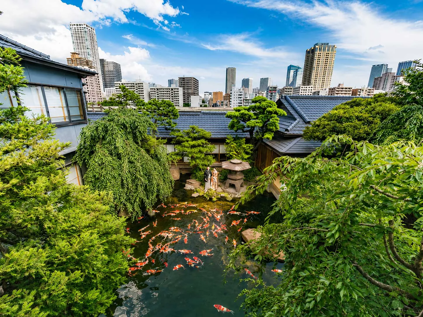 The koi pond and garden of Tsukiji Jisaku with the Tokyo skyline rising behind it